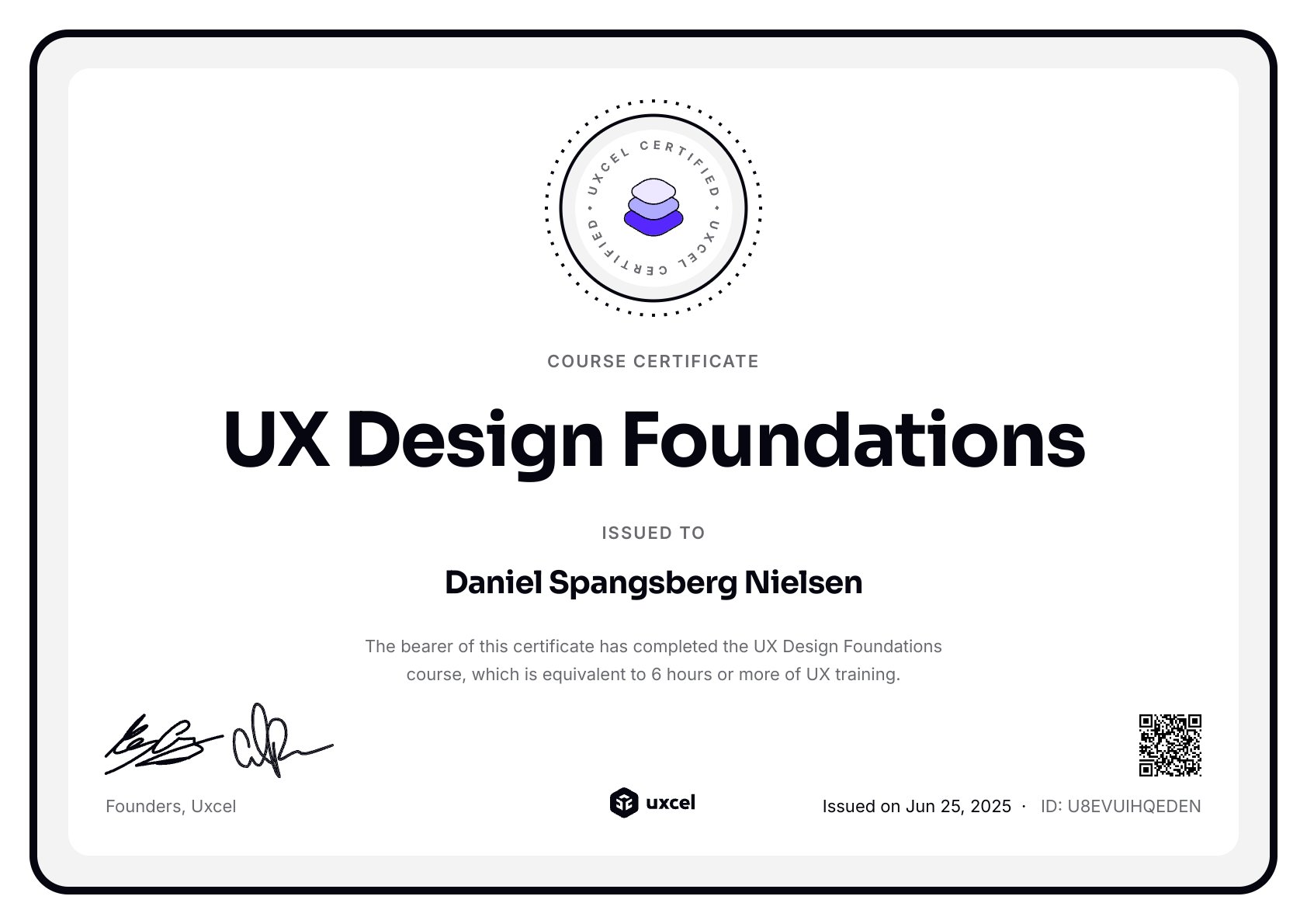 Daniel Lund Spangsberg's certificate